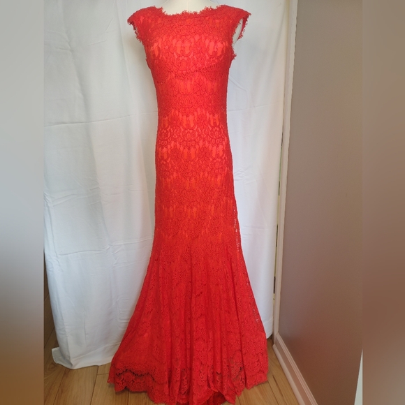 Aqua Bright Red Lace Maxi Gown, - Picture 1 of 9